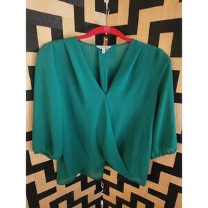 Naked Zebra Green Blouse V-Neck 3/4 Sleeve Twist Front Elegant Top M